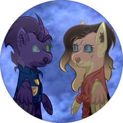 Size: 3002x3002 | Tagged: safe, artist:thecommandermiky, oc, oc only, oc:miky command, oc:reagan, hybrid, pegasus, pony, clothes, cloud, cloudy, duo, female, happy, high res, hybrid oc, lesbian, looking at each other, looking at someone, mare, pegasus oc, police, police officer, police uniform, shipping, smiling, smiling at each other