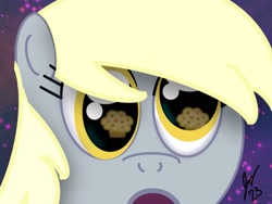 Size: 2160x1620 | Tagged: safe, artist:jesslmc16, derpy hooves, pegasus, pony, g4, big eyes, bust, derp, ears, eye reflection, eyes on the prize, female, food, gray coat, mare, muffin, open mouth, portrait, reflection, signature, solo, starry night