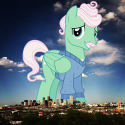 Size: 1600x1600 | Tagged: safe, anonymous editor, artist:cheezedoodle96, edit, gentle breeze, pegasus, pony, g4, clothes, colorado, denver, facial hair, folded wings, giant pony, grin, highrise ponies, irl, looking at you, macro, male, moustache, photo, ponies in real life, smiling, solo, stallion, sweater, wings