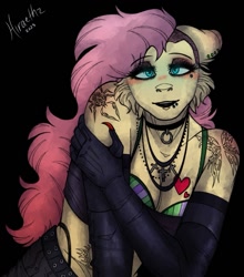 Size: 883x1005 | Tagged: safe, artist:tondrawfreeze, fluttershy, anthro, g4, black background, black eyeshadow, black lipstick, blushing, bra, breasts, busty fluttershy, cheek fluff, choker, cleavage, clothes, cross, cross necklace, ear piercing, earring, eyeshadow, female, gloves, jewelry, lipstick, long gloves, looking at you, makeup, mare, necklace, piercing, simple background, solo, tattoo, underwear