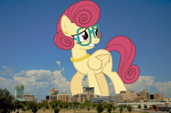 Size: 2048x1362 | Tagged: safe, anonymous editor, artist:outlawquadrant, edit, posey shy, pegasus, pony, g4, ear piercing, earring, female, folded wings, giant pegasus, giant pony, giantess, glasses, grin, highrise ponies, irl, jewelry, kansas, macro, mare, mega giant, necklace, nervous, nervous smile, pearl necklace, photo, piercing, ponies in real life, smiling, solo, wichita, wings