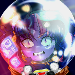Size: 1080x1080 | Tagged: safe, artist:gloomydinosaur, queen chrysalis, twilight sparkle, changeling, changeling queen, pony, g4, astronaut, fangs, glowing, glowing eyes, looking at you, reflection, scared, space, spacesuit