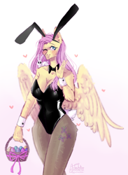Size: 3468x4742 | Tagged: safe, artist:artem66633, angel bunny, fluttershy, pegasus, rabbit, anthro, g4, absurd resolution, animal, basket, blushing, bowtie, breasts, bunny suit, bunnyshy, busty fluttershy, cleavage, clothes, easter, easter basket, easter egg, female, floating heart, flutterbunny, gradient background, heart, heart eyes, holiday, looking at you, mare, one eye closed, shoulder ride, smiling, smiling at you, waving, waving at you, wide hips, wingding eyes
