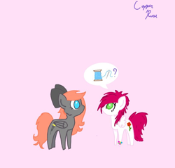 Size: 820x785 | Tagged: safe, artist:copper rose, oc, oc only, oc:copper rose, oc:darknightprincess, oc:scarlet moonlight, pegasus, pony, chibi, cute, female, friends, mare, pegasus oc, pink background, red mane, sewing needle, simple background, smol, thread