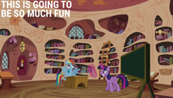 Size: 2000x1125 | Tagged: safe, edit, edited screencap, editor:quoterific, screencap, rainbow dash, twilight sparkle, alicorn, pony, g4, testing testing 1-2-3, chalkboard, golden oaks library, magic, spread wings, telekinesis, twilight sparkle (alicorn), wings