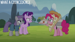 Size: 2000x1125 | Tagged: safe, edit, edited screencap, editor:quoterific, screencap, maud pie, pinkie pie, starlight glimmer, g4, my little pony: friendship is magic, rock solid friendship, food, pizza