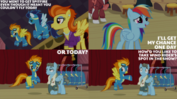 Size: 2000x1125 | Tagged: safe, edit, edited screencap, editor:quoterific, screencap, rainbow dash, rarity, soarin', spitfire, stormy flare, wind rider, pegasus, pony, g4, rarity investigates, clothes, female, male, mare, stallion, uniform, wonderbolts uniform