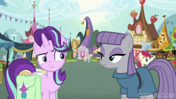 Size: 520x293 | Tagged: safe, screencap, cherry cola, cherry fizzy, derpy hooves, lily, lily valley, maud pie, roseluck, starlight glimmer, earth pony, pegasus, pony, unicorn, g4, rock solid friendship, season 7, animated, bag, day, duo focus, female, gif, gifrun.com, laughing, male, mare, nervous laugh, saddle bag, sky, stallion