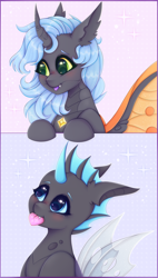 Size: 1700x3000 | Tagged: safe, artist:saltyvity, oc, changeling, pony, big eyes, blue background, blue eyes, blue hair, blushing, changeling oc, cute, cuteling, ear fluff, embarrassed, february, gray, green eyes, happy, heart, horn, licking, licking lips, love, lovely, orange wings, pink background, simple background, sparkles, tongue out, wings