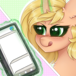 Size: 2000x2000 | Tagged: safe, artist:saltyvity, oc, pony, unicorn, alternative, blonde hair, blushing, cute, ear fluff, embarrassed, fluffy, glowing, glowing horn, green background, green eyes, heart, heart eyes, high res, horn, licking, licking lips, magic, meme, meme template, message, messenger, orange pony, phone, pink background, simple background, smiling, smirk, solo, sparkles, telekinesis, template, tongue out, unicorn oc, wingding eyes