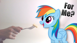 Size: 1280x720 | Tagged: safe, artist:awesomebrony, rainbow dash, human, pegasus, pony, g4, female, food, fork, hand, happy, herbivore, irl, irl human, mare, open mouth, photo, pineapple, ponies in real life, smiling, solo, standing, text