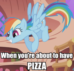 Size: 686x657 | Tagged: safe, edit, edited screencap, screencap, rainbow dash, pegasus, pony, g4, season 1, the ticket master, caption, female, food, golden oaks library, hooves, hooves together, image macro, mare, meme, pizza, solo, text, that pony sure does love pizza