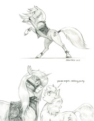 Size: 1000x1298 | Tagged: safe, artist:baron engel, oc, oc:carousel, earth pony, pony, unicorn, earth pony oc, female, horn, male, mare, monochrome, pencil drawing, rearing, simple background, stallion, story included, traditional art, unicorn oc, white background