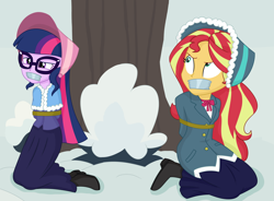 Size: 2174x1600 | Tagged: safe, artist:nie-martw-sie-o-mnie, sci-twi, sunset shimmer, twilight sparkle, human, equestria girls, g4, bondage, bound and gagged, clothes, dress, duo, gag, long dress, long skirt, skirt, snow, tape, tape gag, tied up, victorian, victorian dress