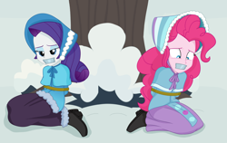 Size: 2366x1500 | Tagged: safe, artist:nie-martw-sie-o-mnie, pinkie pie, rarity, human, equestria girls, g4, bondage, bound and gagged, clothes, dress, duo, gag, long dress, long skirt, skirt, snow, tape, tape gag, tied up, victorian, victorian dress, victorian rarity