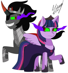 Size: 1280x1364 | Tagged: safe, artist:denisseguadiana, king sombra, twilight sparkle, alicorn, pony, unicorn, g4, bevor, boots, clothes, corrupted, corrupted twilight sparkle, crown, dark magic, dress, duo, duo male and female, fangs, female, helmet, inspired by another artist, jewelry, magic, male, queen twilight, queen twilight sparkle, regalia, ship:twibra, shipping, shoes, simple background, sombra eyes, sombra's cape, sombra's robe, straight, tiara, white background