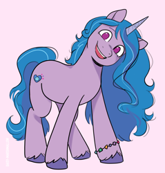 Size: 3442x3604 | Tagged: safe, artist:daisy_marshmallow, izzy moonbow, pony, unicorn, g5, colored sketch, head tilt, high res, long mane, looking at you, no pupils, pink background, simple background, sketch, smiling, smiling at you, solo