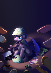 Size: 2480x3508 | Tagged: safe, artist:yarugreat, oc, oc only, oc:murphy, bat pony, pony, badge, bag, bags, bandaid, bandaid on nose, bat pony oc, bat wings, book, complex background, con badge, convention, crying, cup, help me, helping, high res, hooves, looking up, photos, pony oc, sad, sitting, spread wings, teacup, wings