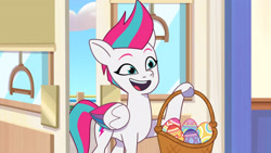 Size: 3072x1727 | Tagged: safe, screencap, zipp storm, pegasus, pony, g5, my little pony: tell your tale, the hunt for eggmund bunny, spoiler:g5, spoiler:my little pony: tell your tale, spoiler:tyts01e48, easter egg, female, mare, open mouth, open smile, smiling, solo
