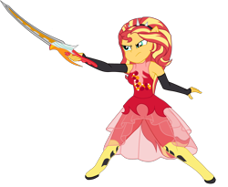 Size: 3214x2641 | Tagged: safe, artist:gmaplay, sunset shimmer, human, equestria girls, g4, boots, clothes, female, high res, ponied up, shoes, simple background, solo, sword, transparent background, weapon