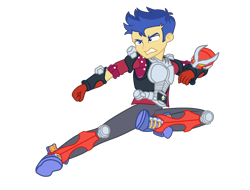 Size: 2300x1745 | Tagged: safe, artist:gmaplay, flash sentry, human, equestria girls, g4, clothes, kamen rider, kamen rider ryuki, kick, male, ponied up, reference, school uniform, simple background, solo, spanish description, transparent background