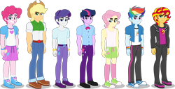 Size: 4000x2050 | Tagged: safe, artist:orin331, applejack, fluttershy, pinkie pie, rainbow dash, rarity, sunset shimmer, twilight sparkle, human, equestria girls, g4, applejack (male), bubble berry, butterscotch, clothes, cowboy hat, dusk shine, elusive, equestria guys, group, hat, height difference, humane five, humane seven, humane six, jacket, leather, leather jacket, male, rainbow blitz, rule 63, shoes, shorts, simple background, standing, stetson, sunset glare, transparent background