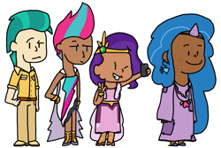 Size: 1005x670 | Tagged: safe, artist:garf4153, hitch trailblazer, izzy moonbow, pipp petals, zipp storm, human, g5, dark skin, horn, horned humanization, humanized, light skin, moderate dark skin, simple background, white background