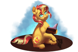 Size: 3000x2000 | Tagged: safe, artist:jazzwolfblaze, sunset shimmer, pony, unicorn, equestria girls, g4, book, eyebrows, eyelashes, female, fluffy, green eyes, high res, horn, looking at you, no pupils, nostrils, simple background, sitting, snout, solo, tail, transparent background, two toned hair, two toned tail, unicorn horn