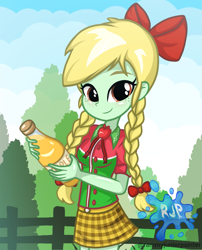 Size: 2015x2490 | Tagged: safe, artist:rjp.rammy, oc, oc only, oc:apple tree, human, equestria girls, g4, apple cider, apple juice, bow, braid, cider, clothes, cottagecore, female, fence, hair bow, high res, juice, shirt, skirt, solo