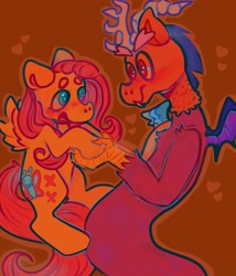 Size: 2151x2518 | Tagged: safe, artist:aoi2ruby, discord, fluttershy, butterfly, draconequus, pegasus, pony, g4, alternate cutie mark, antlers, blushing, colorful, female, high res, holding hands, horn, interspecies, looking at each other, looking at someone, male, mare, ship:discoshy, shipping, straight