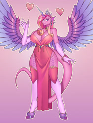 Size: 3000x4000 | Tagged: safe, artist:nauth, oc, oc only, oc:mi amore serena, alicorn, dracony, dragon, hybrid, anthro, big breasts, breasts, celestia's dragon breeding program, clothes, commission, dress, female, gradient background, hatching, interspecies offspring, not cadance, offspring, parent:princess cadance, parent:spike, parents:spikedance, pinup, solo