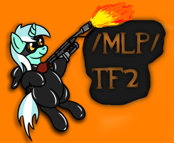 Size: 1082x891 | Tagged: artist needed, safe, lyra heartstrings, pony, unicorn, g4, /mlp/ tf2 general, female, fire, flamethrower, goggles, hoof hold, mare, orange background, pyro (tf2), rubber suit, simple background, solo, team fortress 2, text, weapon