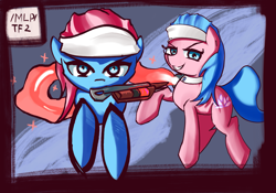 Size: 2147x1500 | Tagged: safe, artist:solid shrimp, aloe, lotus blossom, earth pony, pony, g4, /mlp/ tf2 general, duo, looking at you, medic, medic (tf2), medigun, mouth hold, spa twins, team fortress 2, text, ubersaw, weapon