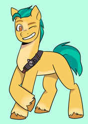 Size: 2919x4132 | Tagged: safe, artist:daisy_marshmallow, hitch trailblazer, earth pony, pony, g5, green background, looking at you, male, no pupils, one eye closed, sash, sheriff's badge, simple background, smiling, smiling at you, solo, stallion, unshorn fetlocks, wink