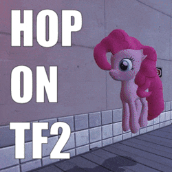 Size: 281x281 | Tagged: artist needed, safe, pinkie pie, g4, /mlp/ tf2 general, 3d, animated, conveyor belt, hop on tf2, hopping, impact font, jumping, meme, team fortress 2, warning sign