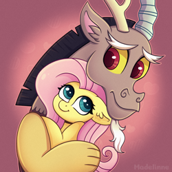 Size: 2500x2500 | Tagged: safe, artist:madelinne, discord, fluttershy, draconequus, pegasus, pony, g4, anime eyes, cuddling, cute, duo, duo male and female, facial hair, female, goatee, gradient background, heart, heart background, high res, hug, male, mare, ship:discoshy, shipping, signature, smiling, straight