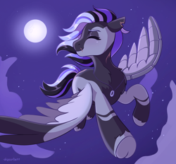 Size: 2128x1973 | Tagged: safe, artist:skysorbett, oc, oc only, pegasus, pony, artificial wings, augmented, eyes closed, female, flying, mechanical wing, moon, night, pegasus oc, scar, solo, underhoof, wings