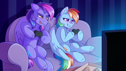 Size: 1920x1080 | Tagged: safe, artist:skysorbett, rainbow dash, oc, oc:sea wave, g4, colt, confident, controller, couch, female, food, gaming, male, mare, pizza, pizza box, table, television, tongue out, video game