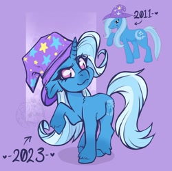 Size: 2048x2034 | Tagged: safe, artist:fluffi_mcmutt, trixie, pony, unicorn, g4, clothes, female, gradient background, hat, high res, looking at you, mare, raised hoof, redraw, solo, trixie's hat