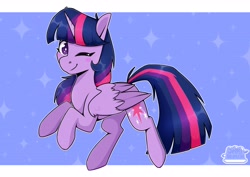 Size: 4093x2894 | Tagged: safe, artist:jellysketch, twilight sparkle, alicorn, pony, g4, blushing, female, folded wings, high res, looking at you, mare, one eye closed, signature, smiling, smiling at you, solo, sparkles, twilight sparkle (alicorn), wings, wink, winking at you