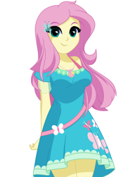 Size: 1354x1760 | Tagged: safe, artist:rosemile mulberry, fluttershy, human, equestria girls, equestria girls series, g4, breasts, clothes, dress, female, fluttershy boho dress, geode of fauna, legs together, magical geodes, simple background, solo, white background
