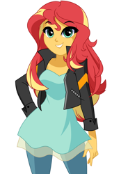 Size: 1200x1722 | Tagged: safe, artist:rosemile mulberry, sunset shimmer, human, equestria girls, g4, clothes, hand on hip, jacket, looking at you, simple background, smiling, solo, white background