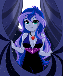 Size: 1154x1380 | Tagged: safe, artist:rosemile mulberry, princess luna, vice principal luna, human, equestria girls, g4, absolute cleavage, bare shoulders, breasts, busty princess luna, cleavage, female, gem, reasonably sized breasts, siren gem, sleeveless, solo, updated design, younger