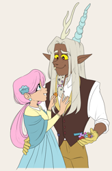 Size: 1347x2048 | Tagged: artist needed, safe, discord, fluttershy, human, g5, spoiler:g5comic, dark skin, duo, female, height difference, humanized, light skin, male, old man discord, older, older fluttershy, ship:discoshy, shipping, straight