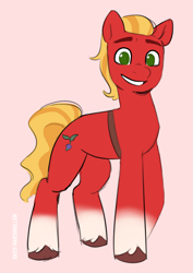 Size: 2919x4132 | Tagged: safe, artist:daisy_marshmallow, sprout cloverleaf, earth pony, pony, g5, colored sketch, looking at you, male, pink background, simple background, smiling, smiling at you, solo, stallion