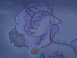 Size: 914x694 | Tagged: safe, anonymous artist, misty brightdawn, pony, unicorn, series:misty pov, g5, jewelry, medallion, necklace, sad