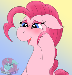 Size: 1150x1200 | Tagged: safe, artist:gray star, pinkie pie, earth pony, pony, g4, blushing, gradient background, heart, heart eyes, hoof on cheek, open mouth, open smile, smiling, unshorn fetlocks, wingding eyes