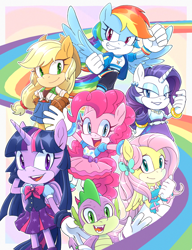 Size: 1000x1300 | Tagged: safe, artist:kanayanga, applejack, fluttershy, pinkie pie, rainbow dash, rarity, spike, twilight sparkle, alicorn, dragon, earth pony, mobian, pegasus, unicorn, anthro, g4, bracelet, clenched fist, ear piercing, grin, hairclip, hand on hip, jewelry, looking at you, mane seven, mane six, open mouth, piercing, smiling, sonic the hedgehog (series), sonicified, twilight sparkle (alicorn)