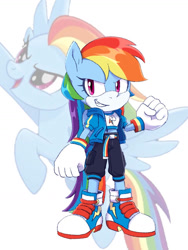 Size: 774x1032 | Tagged: safe, artist:kanayanga, part of a set, rainbow dash, mobian, pegasus, anthro, g4, clenched fist, grin, looking at you, smiling, sonic the hedgehog (series), sonicified