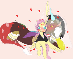 Size: 1449x1172 | Tagged: safe, artist:vilesmell, discord, fluttershy, draconequus, pegasus, pony, g4, clothes, crossdressing, female, femboy discord, fluttershy likes femboys, male, marriage, rose petals, ship:discoshy, shipping, straight, tuxedo, wedding
